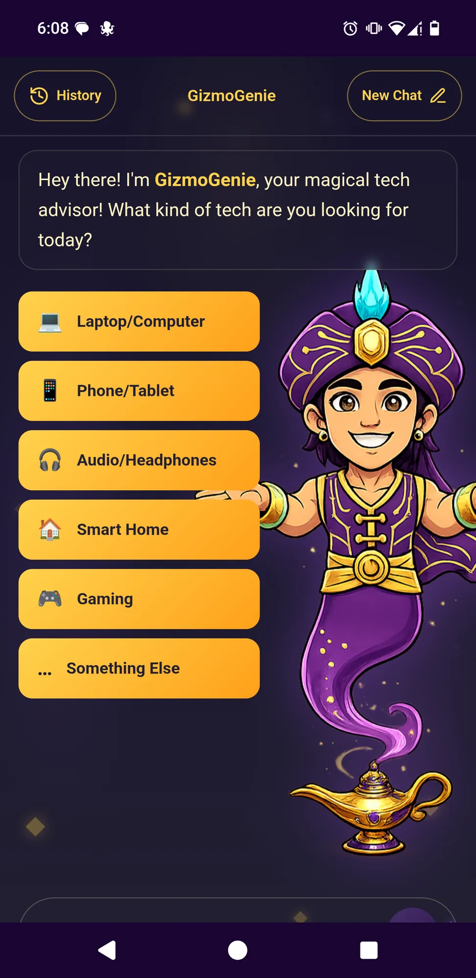 GizmoGenie app on a phone: the genie greets you and offers tech categories to choose from